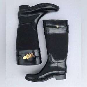 EUC Ted Baker Black & White “Hamptons” Tall Rain boots w gold accents SZ 9